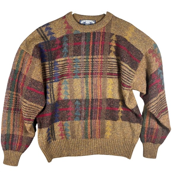 Thornton Bay Other - Thornton Bay Sweater Mens L Brown Plaid Shetland Wool Made in England Vintage